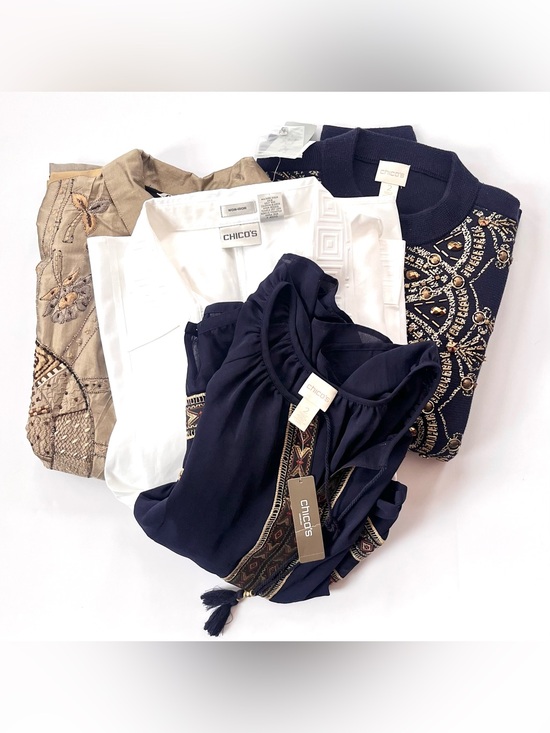 Chico's Sweaters - Four (4) New Women’s Chico’s Bundle — Button Up Shirt, Blouse, Jacket & Cardigan